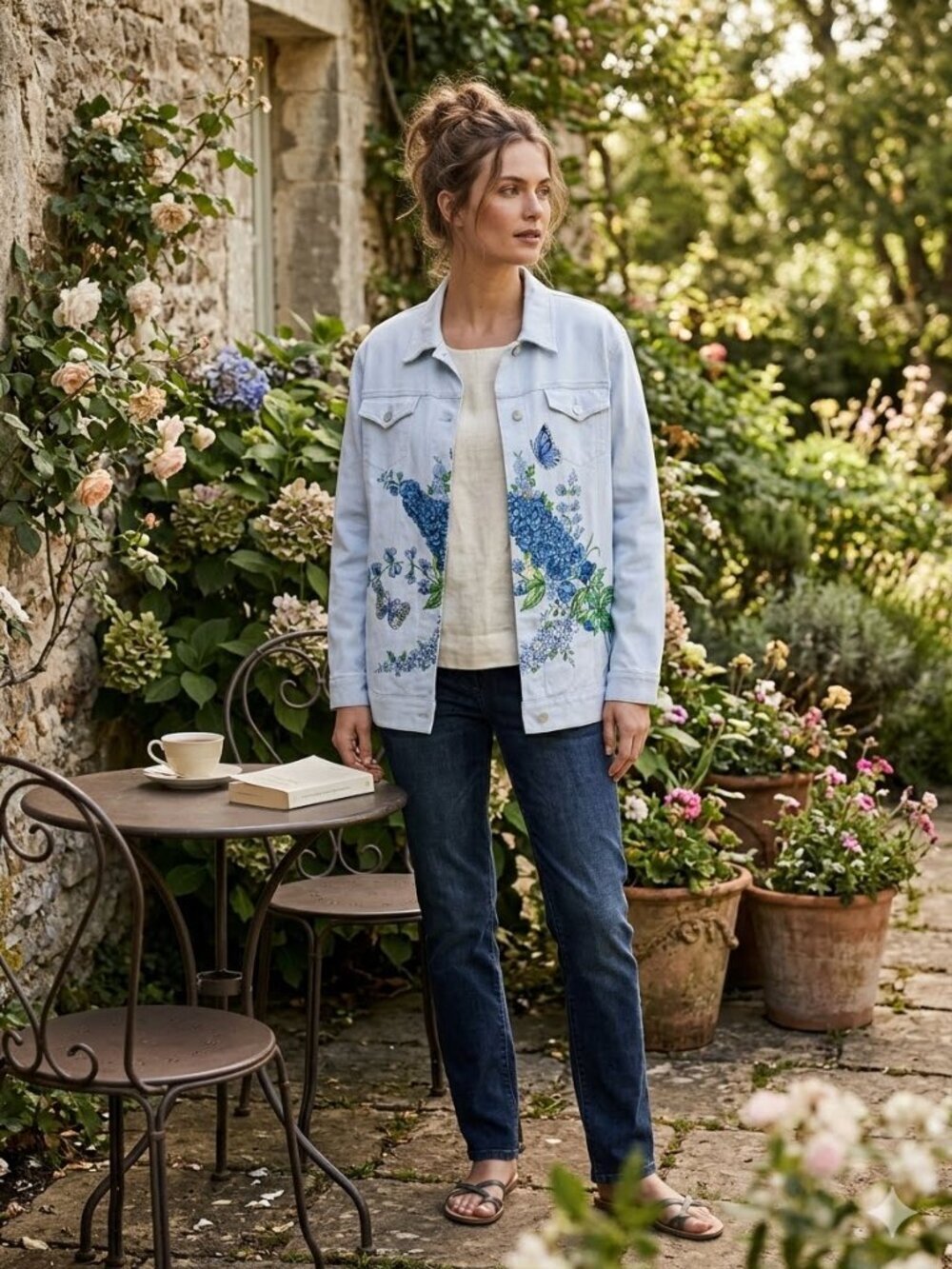 Diane's Essentials Size 1X Light Blue Hand Painted Floral Sequin Denim Jacket